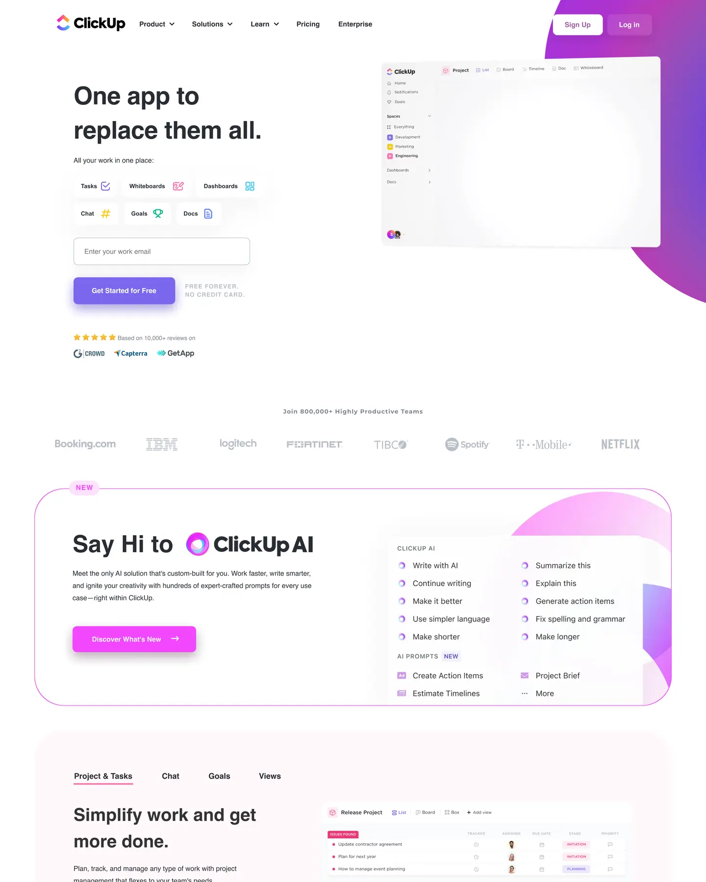 ClickUp home page, part 1